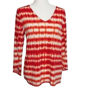 Calvin Klein Womens SZ Medium V Neck Red Orange White Blouse Split Cape Sleeve